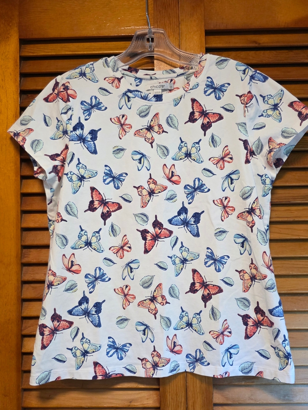 Chico’s Perfect Tee All-Over Butterfly Print - White/Multi - Chico's Size 1 (M)